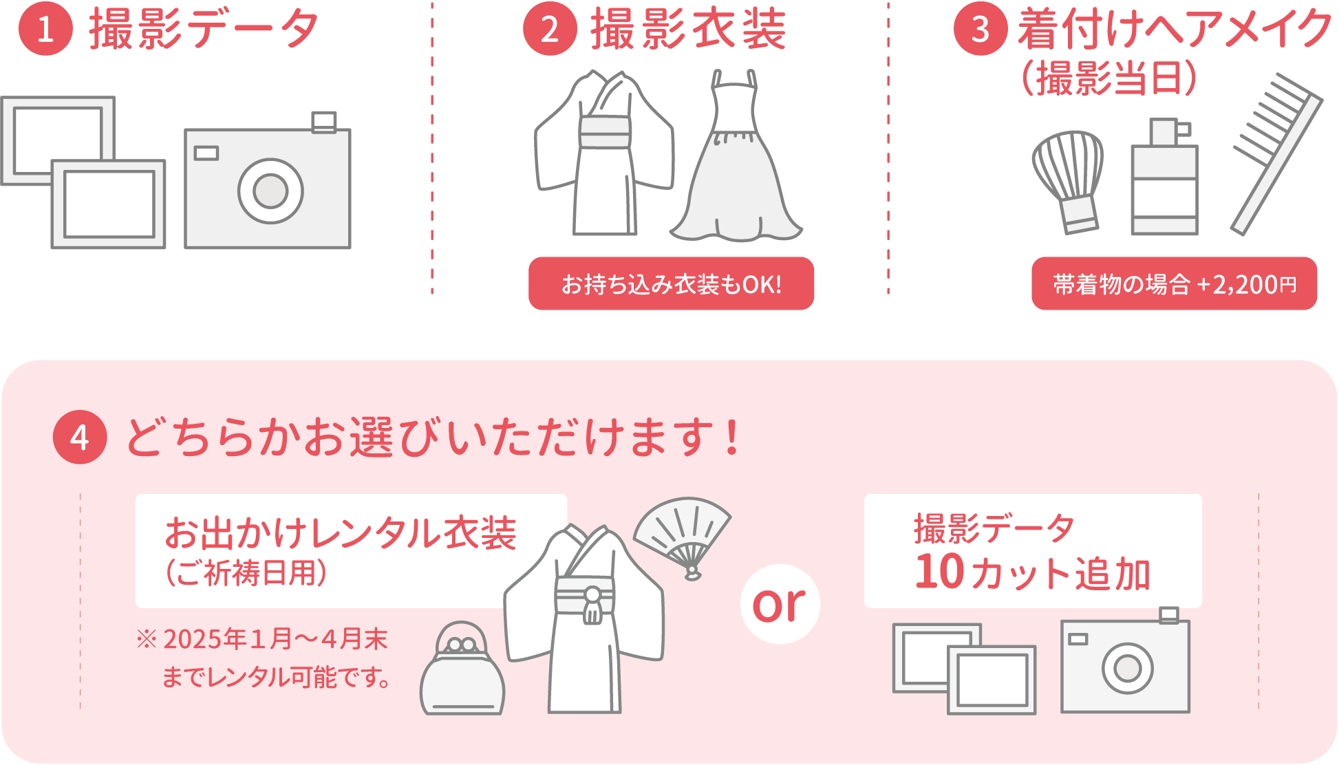 ロケーション撮影：衣装クリーニング代として別途追加料金を頂きます。和装 +5,500円 / 洋装 +2,200円 主役追加 +11,000円（1人）：着付け・ヘアメイクは別途追加料金を頂きます。男の子一律 5,500円 / 女の子被布7,700円 / 女の子帯着物9,900円